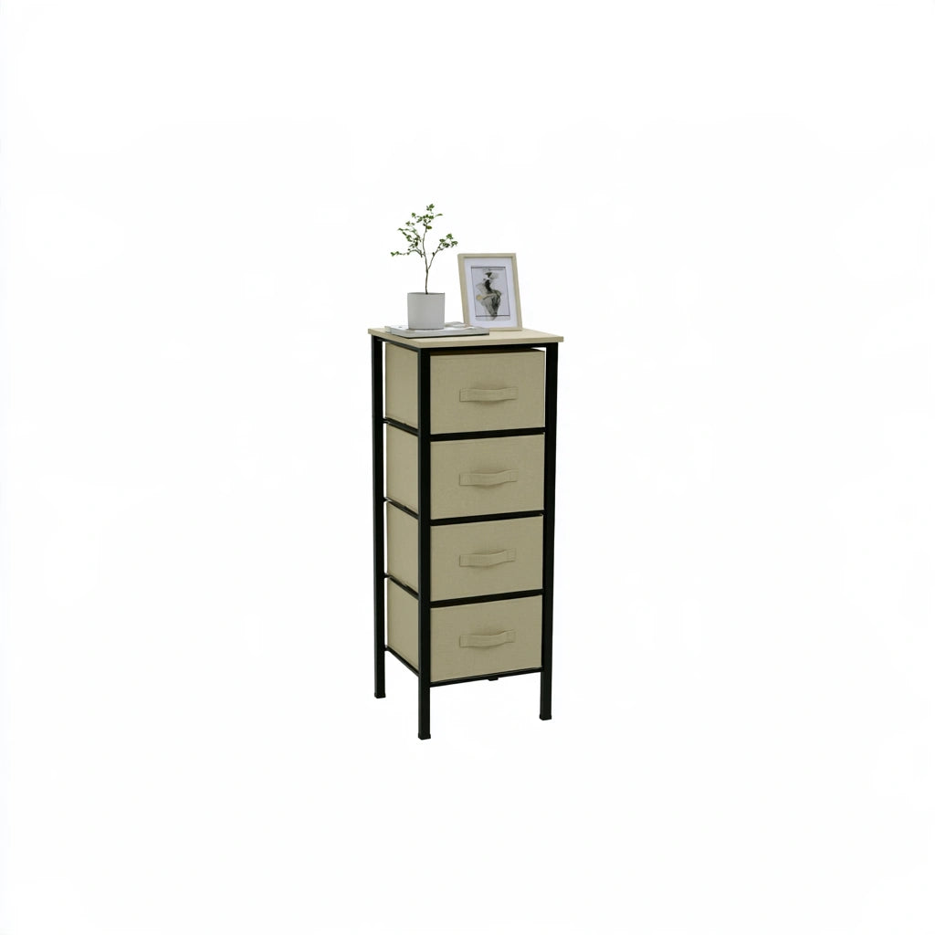 Colonna portaoggetti con cassetti con rivestimento in tessuto, colore nero e beige