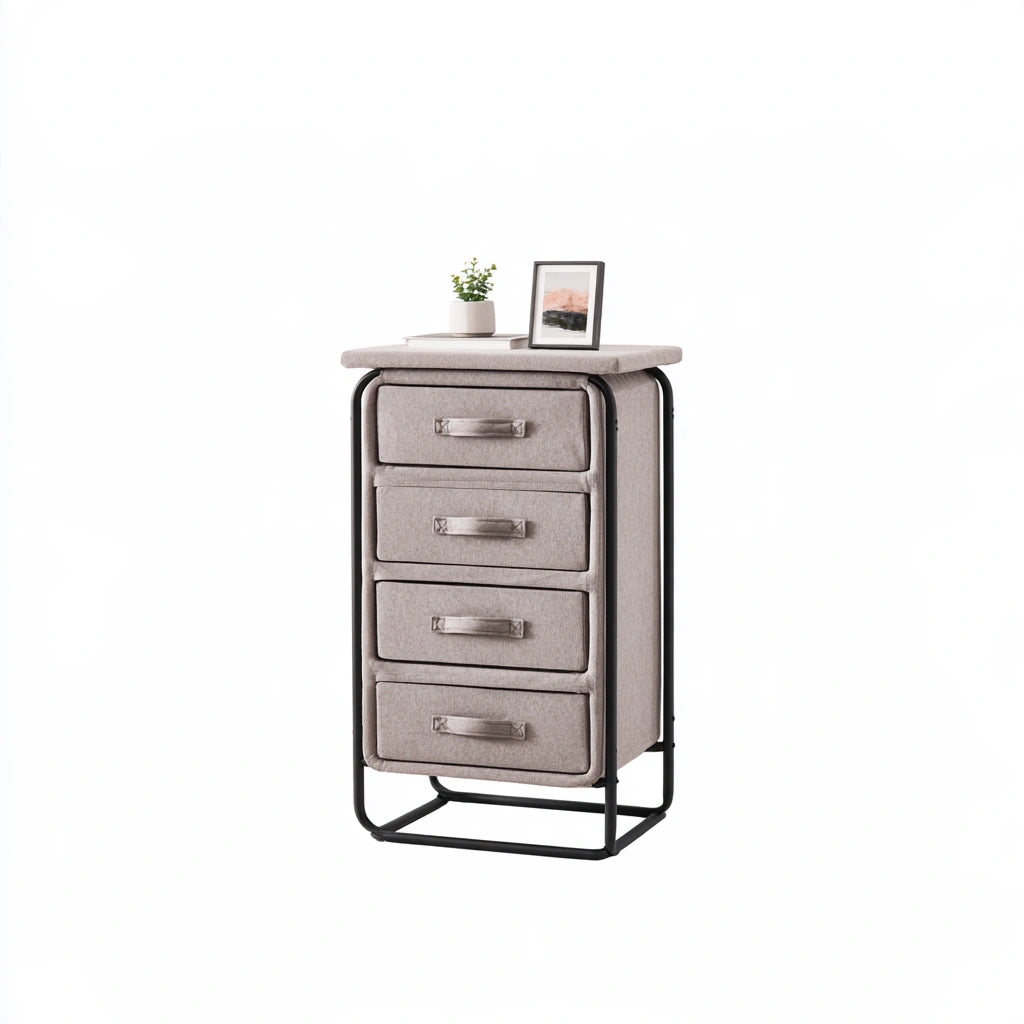 Colonna portaoggetti con cassetti con rivestimento in tessuto, colore nero e beige