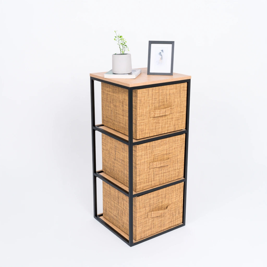 Colonna portaoggetti con cassetti con rivestimento in tessuto, colore nero e beige